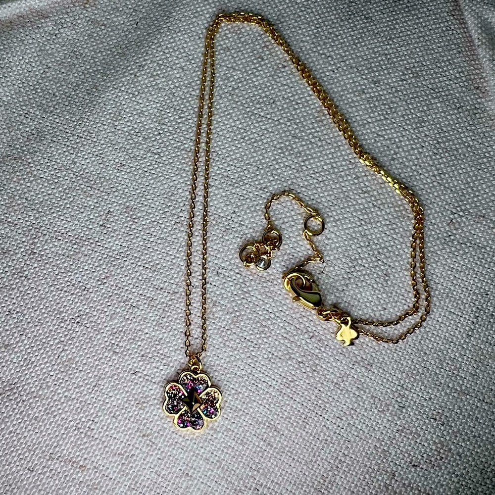 Kate Spade purple Glitter Clover pendant necklace gold tone